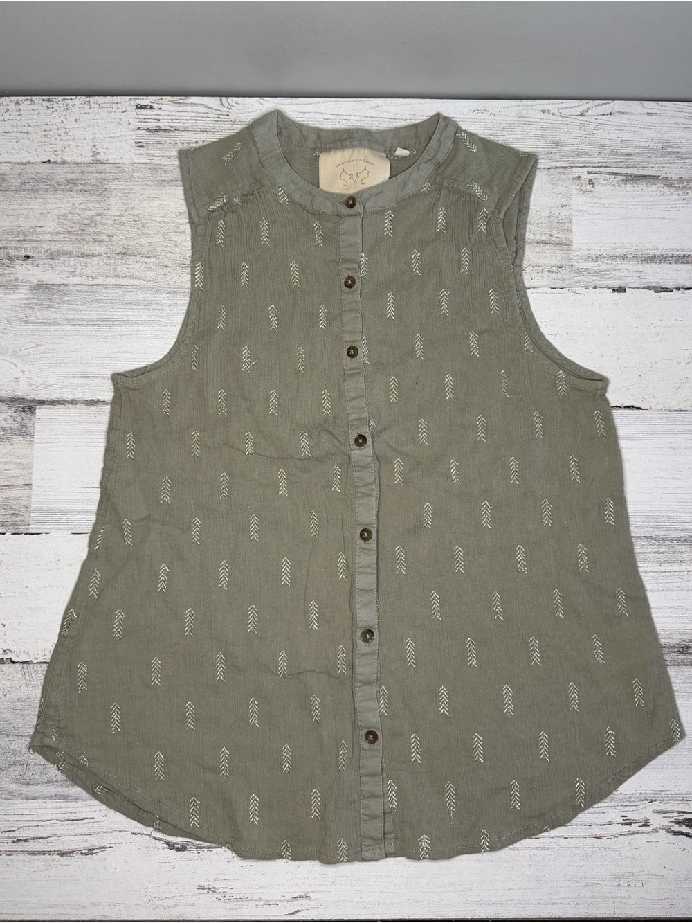 Anthropologie Vanessa Virginia Women 4 Olive Embroidered Cotton Button Front Top